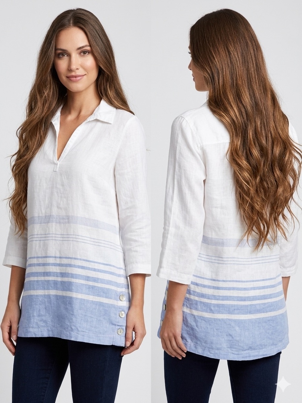 Sigrid Olsen 100% Linen Striped Tunic Top S Small White Blue Ombre Button Sides